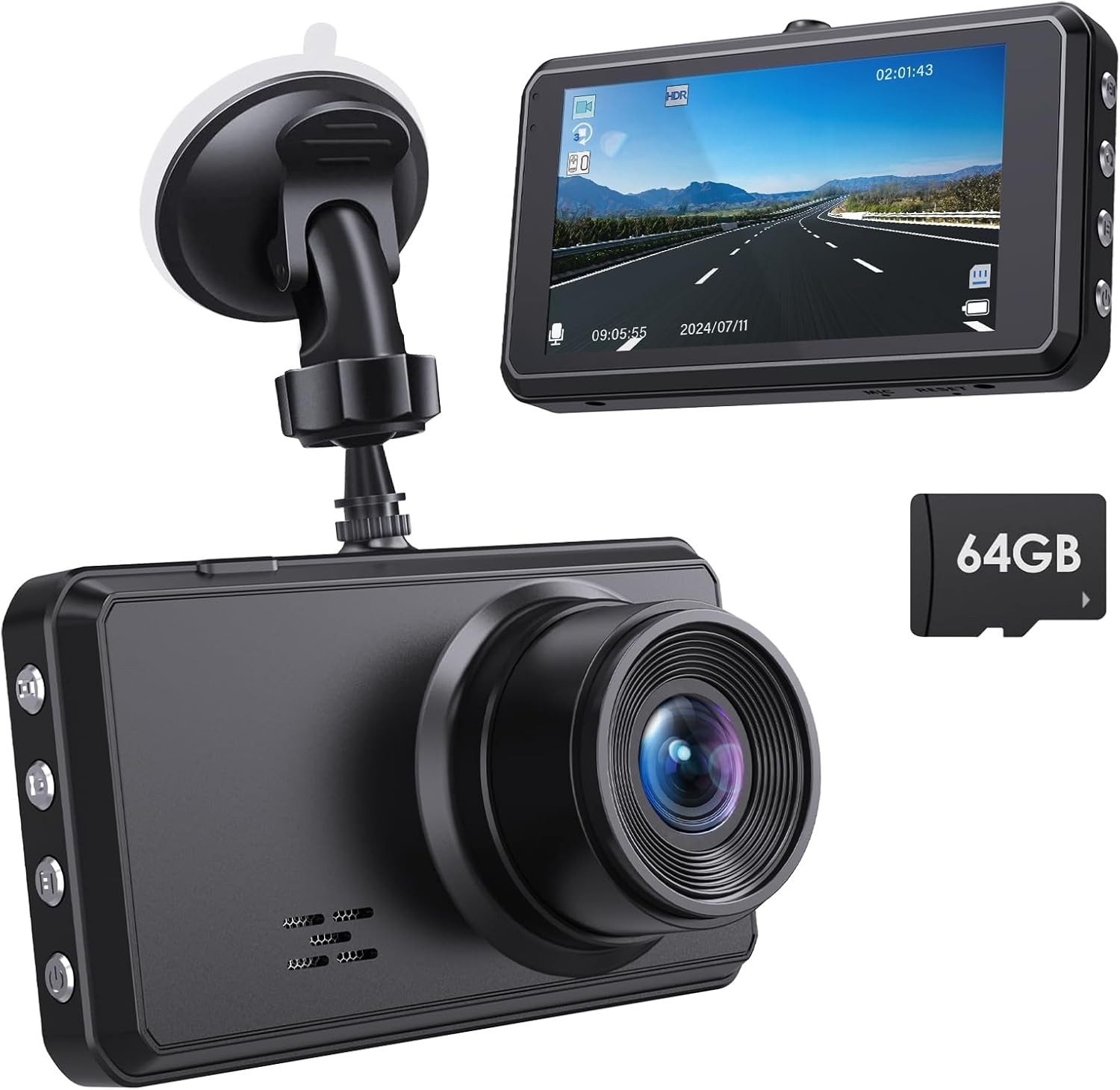 Miden S7 2.5K Dashcam Voiture Avant Arrière,Carte SD 64G,Camera Embarquée Voiture 1600P+1080P