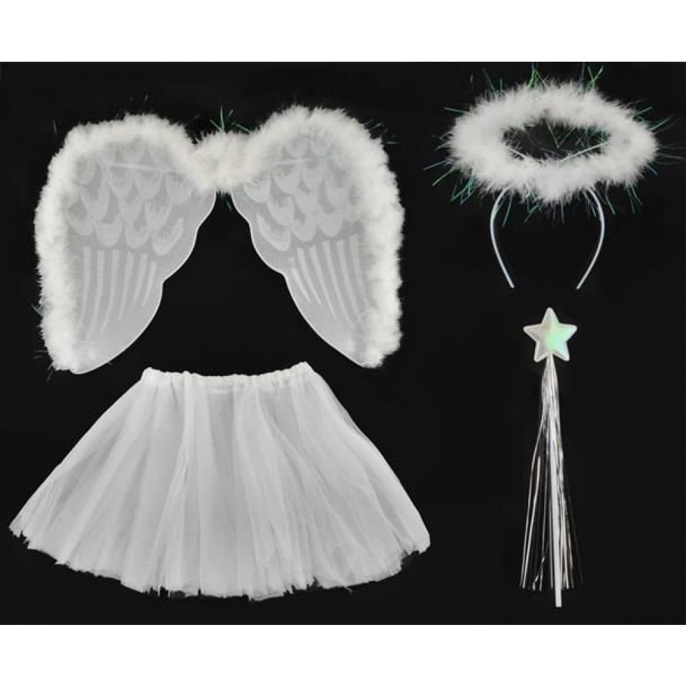 Déguisement Costume d'Ange 4pcs Enfant Fille Jupe Auréole Ailes et Baguette